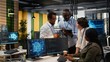 © DC Studio - Multiethnic technicians use devices in AI startup office to train predictive models for language processing tasks. Multiracial coworkers use deep learning technical expertise for tasks, camera A