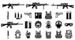 © The - Collection of military and tactical equipment icons, including firearms, ammunition, body armor