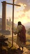 © Akun - Man carrying cross on stone path.