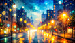 © Akio Mic - Rainy city street with colorful bokeh lights at night