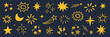 © Polina Tomtosova - Star gold sticker icon collage set. Star icon sketch hand drawn line brush crayon texture vintage background. Cute kid magic twinkle sparkle, glow moon, space figure. Vector illustration