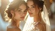 © Nazila - Two women with light skin, wearing bridal-style dresses and hairpieces, pose with each other. Golden light shines