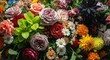 © Hridoy - Vibrant bouquet of assorted colorful flowers including roses daisies and chrysanthemums in full bloom with lush green leaves on a dark background
