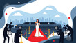 © Isra - Glamorous woman in a white dress poses on a red carpet in front of a limousine while surrounded by a crowd of paparazzi photographers.