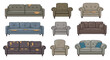 © Fahim - Selection of old worn out and torn sofas and armchairs in different styles and colors for used furniture and renovation concepts.