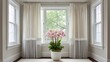 © Pannee - Elegant interior space featuring a large plant with pink flowers in a bright, well-lit room with white curtains