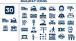© Pixel_Forge - Railway and Train Transit outline icon set. Featuring locomotive, rail track, station platform, ticket, and wagon symbols. Editable stroke vector icons for train travel and rail logistics service.