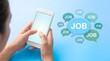© P-Y-L  Art - Person holding smartphone with 'job' speech bubbles emerging recruitment process job search app career opportunity employment