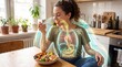 © edojob - Woman eating healthy food showing digestive system and metabolism