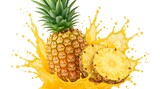 Percikan Jus Nanas Segar dengan Buah Utuh dan Irisan