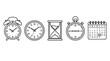 © Karina - Time measurement icons, including an alarm clock, analog clock, hourglass, stopwatch, and calendar, are arranged in a clean, minimalist black outline style.