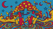 © PixeloAI - Surreal Polka Dot Planet Mushrooms and Liquid Paisley Swirls Pop Surrealism Flat Illustration with Bold Outlines
