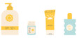© Марина Мигаль - Sunscreen and SPF protection bottle set. Cute flat doodle vector illustration of solar care cosmetics, lotion tube, spray, and pump bottle isolated on white.
