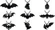 © Insa Batool - Neun schwarze Fledermaus-Anhänger-Silhouetten in verschiedenen Posen, hängend an Ketten, auf weißem Hintergrund.