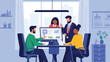 © Rowan - Team of diverse business professionals works together around a computer screen in a modern office with charts and graphs.