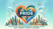 © AI Festival Arts - Pride celebration city illustration with rainbow heart skyline showing diversity equality inclusion message for global awareness campaign and poster design