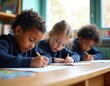 © Pete - Diverse children focus on writing tasks at classroom desk. Young students engage in learning activities, practicing handwriting, developing cognitive skills. Concentrate intently on schoolwork during