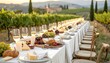 © Moh Bintara Yuda - An exquisite long table set for a grand outdoor feast amidst Tuscan vineyards during golden hour, adorned with cheese platters, fruits, and wine glasses