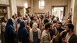 © Svitlana Vorotniak - Group of disciples and woman gathering in upper room for prayer. Acts of the Apostles, biblical scene depicting early Christian community meeting. Historical religious historical reenactment.