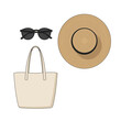 © atar - Summer vacation accessories set including straw hat tote bag and sunglasses.