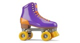 A vibrant purple roller skate with yellow wheels and laces on a white background