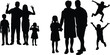 © Mst - Black silhouette set of happy family members and playful children posing together with peace signs and jumping in joy for community lifestyle commercial design projects.