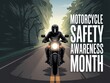 © Hriday - Motorcycle safety awareness month illustration with a rider on a motorcycle driving down a road through a forest