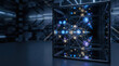 © newlifestock - Glowing network in glass cube with abstract data links and blue light in dark room