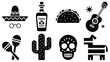© SabitaRani - Festive cinco de mayo icons featuring a sombrero tequila bottle tacos guitar maracas cactus skull and piata in a seamless style grid