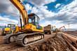 © ninakosh - Construction site with excavators and bulldozer at work during daytime in an urban area with a cloudy sky above