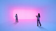© Lustre Art Group  - People observing glowing digital screen in dark gradient environment. Concept of futuristic interface spaces, immersive UX environments, and digital display storytelling.
