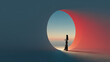 © Lustre Art Group  - Woman standing near glowing oval portal in surreal digital landscape. Concept of futuristic interface spaces, digital environments, immersive UX exploration, and next generation visual storytelling.