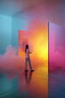 © Lustre Art Group  - Person interacting with colorful glass panels in immersive light installation. Concept of digital interface exploration, UX design systems, and experimental product visualization environments.