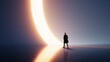 © Lustre Art Group  - Man walking toward glowing curved light portal in futuristic minimal gradient space. Concept of transition, new beginnings, digital gateways, immersive tech environments and symbolic journey forward.
