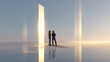 © Lustre Art Group  - Two people observing vertical glowing light pillars in immersive reflective space. Concept of digital installations, interactive environments, and futuristic exhibition design systems.