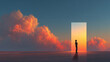 © Lustre Art Group  - Woman standing near glowing rectangular portal against dramatic sunset sky. Concept of opportunity, transformation, future landscapes, surreal environments and personal decision making moments.