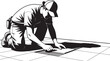© BULBULI - A man kneeling and installing tile flooring depicted in a striking black silhouette high quality .Flooring Worker Laying Tiles