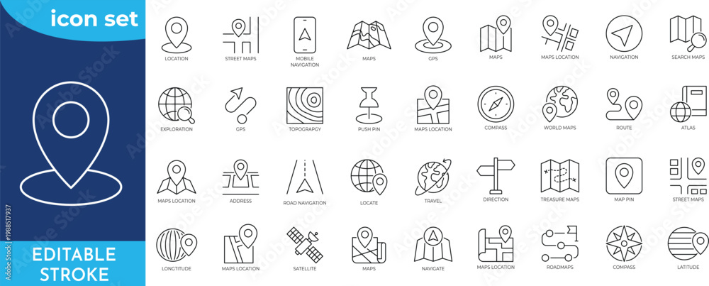 Maps icon set. Editable stroke. Containing maps, location, GPS ...