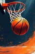 © Vadym - Basketball suspended mid-air near hoop, motion blur effect in background. Dynamic sports art illustration captures game intensity. Action shot, slam dunk anticipation, athletic skill.