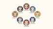 © Dila - Eight distinct images of a deity with an elephant head arranged in a circular pattern, each with unique colors and textual labels