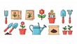 © Donal!  - Spring summer gardening collection with tools seeds and potted flowers flat vector illustration