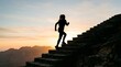 © M Fahad - A woman runs up a mountain staircase towards a vibrant sunset