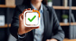 © Alexandr Peers - Compliance verification scene with a visible check mark as a reviewer confirms policy clearance, requirement match and secure record status for controlled filing and internal control
