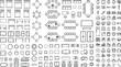 © PrimePixel Co - Top view furniture floor plan symbols vector mega set. Thin line CAD icons of tables, chairs, sofas, seating layouts and storage for interior design, office planning and architectural blueprints