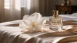 © Cassia - Minimalist beauty still life with silk and perfume bottle, elegant aesthetic background.