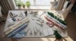 © child's world - Sewing and tailoring workspace with fabric rolls, scissors, measuring tapes, and mannequins, bright natural light