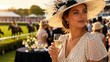 © Daria - Portrait of a beautiful elegant woman in a stylish hat and polka dot dress holding a glass of champagne at a horse racing event. Luxurious social atmosphere at the racetrack during sunset.