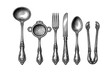 © Sudais - Vintage Silverware Collection in Monochrome Woodcut Style Featuring Ladle, Tea Strainer, Fork, Knife, Spoon, and Sugar Tongs. Elegant Ornate Cutlery Set Illustration for Kitchen and Dining Decor.