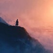 © yami - Silhouette of a lone figure with swords on a mountain at sunset
