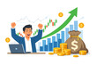 © Sunil - Happy Professional Trader Celebrating Success in Stock Market Investment with Rising Green Arrow, Candlestick Charts, Money Bag, and Gold Coins; Concept of Financial Growth and Wealth Creation.